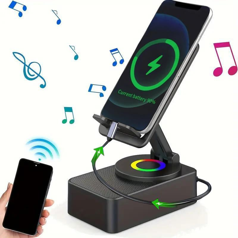 Wireless Audio Bluetooth Speaker 5In1 Phone Holder Emergency Rechargeable Withcolorful Ambient Light 300° Foldable for Tablet Iphone Android, Gifts for Men Women ļ¼Black