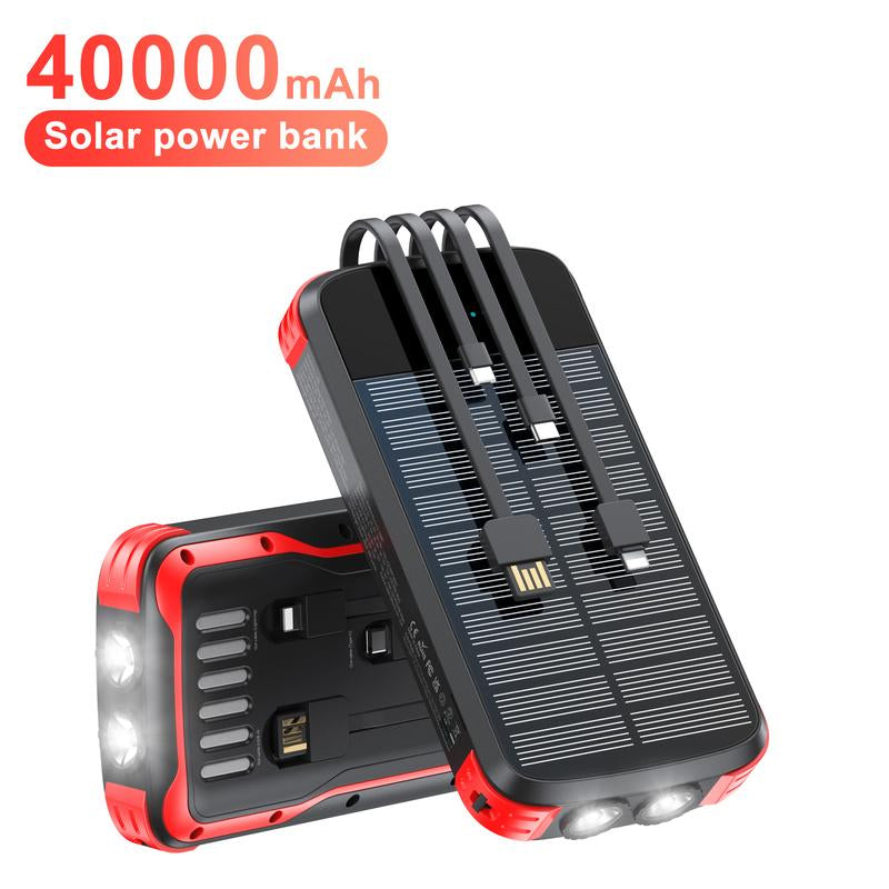 A 40000Mah Large-Capacity Solar Power Bank, Equipped with 4 Built-In Cable Outputs and Inputs, 5 Outputs QC3.0PD 20W Fast Charging, 2 Lighting Lamps, and a Solar Panel for Efficient Charging. It Is Suitable for Outdoor Activities, Fishing, Camping, Etc