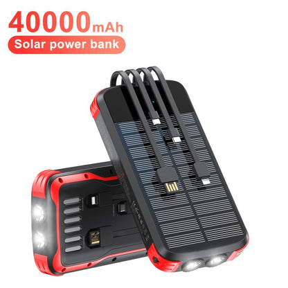 A 40000Mah Large-Capacity Solar Power Bank, Equipped with 4 Built-In Cable Outputs and Inputs, 5 Outputs QC3.0PD 20W Fast Charging, 2 Lighting Lamps, and a Solar Panel for Efficient Charging. It Is Suitable for Outdoor Activities, Fishing, Camping, Etc