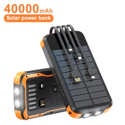A 40000Mah Large-Capacity Solar Power Bank, Equipped with 4 Built-In Cable Outputs and Inputs, 5 Outputs QC3.0PD 20W Fast Charging, 2 Lighting Lamps, and a Solar Panel for Efficient Charging. It Is Suitable for Outdoor Activities, Fishing, Camping, Etc