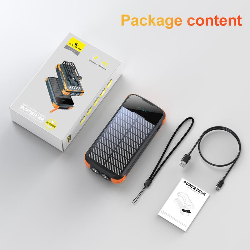 A 40000Mah Large-Capacity Solar Power Bank, Equipped with 4 Built-In Cable Outputs and Inputs, 5 Outputs QC3.0PD 20W Fast Charging, 2 Lighting Lamps, and a Solar Panel for Efficient Charging. It Is Suitable for Outdoor Activities, Fishing, Camping, Etc