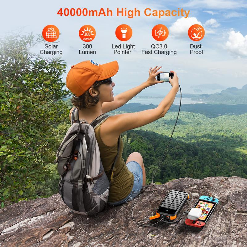 A 40000Mah Large-Capacity Solar Power Bank, Equipped with 4 Built-In Cable Outputs and Inputs, 5 Outputs QC3.0PD 20W Fast Charging, 2 Lighting Lamps, and a Solar Panel for Efficient Charging. It Is Suitable for Outdoor Activities, Fishing, Camping, Etc
