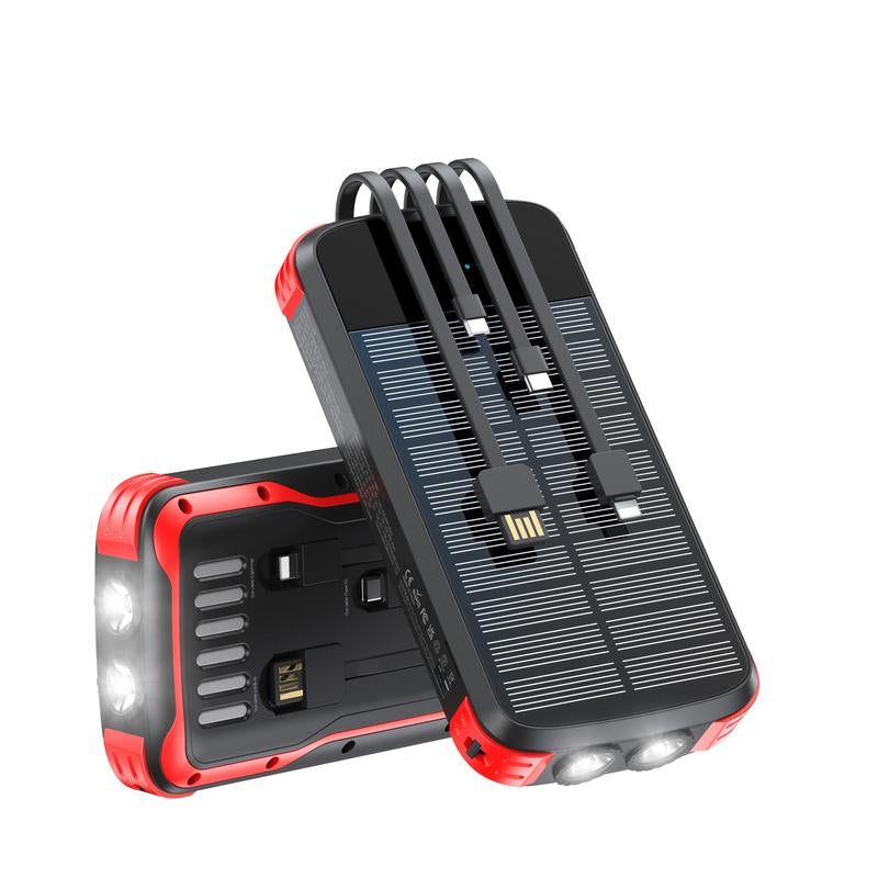 A 40000Mah Large-Capacity Solar Power Bank, Equipped with 4 Built-In Cable Outputs and Inputs, 5 Outputs QC3.0PD 20W Fast Charging, 2 Lighting Lamps, and a Solar Panel for Efficient Charging. It Is Suitable for Outdoor Activities, Fishing, Camping, Etc