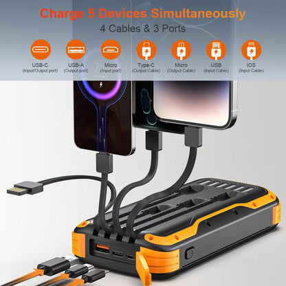 A 40000Mah Large-Capacity Solar Power Bank, Equipped with 4 Built-In Cable Outputs and Inputs, 5 Outputs QC3.0PD 20W Fast Charging, 2 Lighting Lamps, and a Solar Panel for Efficient Charging. It Is Suitable for Outdoor Activities, Fishing, Camping, Etc