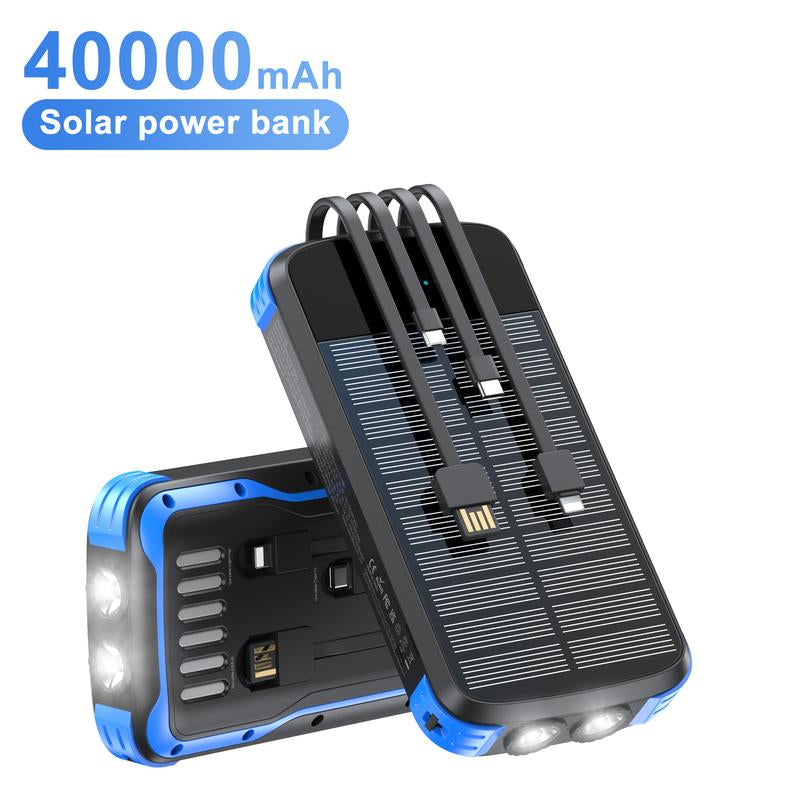 A 40000Mah Large-Capacity Solar Power Bank, Equipped with 4 Built-In Cable Outputs and Inputs, 5 Outputs QC3.0PD 20W Fast Charging, 2 Lighting Lamps, and a Solar Panel for Efficient Charging. It Is Suitable for Outdoor Activities, Fishing, Camping, Etc