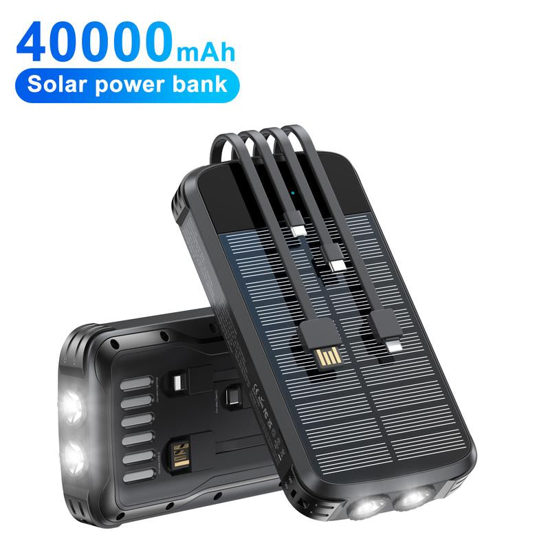 A 40000Mah Large-Capacity Solar Power Bank, Equipped with 4 Built-In Cable Outputs and Inputs, 5 Outputs QC3.0PD 20W Fast Charging, 2 Lighting Lamps, and a Solar Panel for Efficient Charging. It Is Suitable for Outdoor Activities, Fishing, Camping, Etc