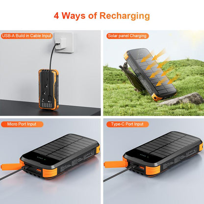 A 40000Mah Large-Capacity Solar Power Bank, Equipped with 4 Built-In Cable Outputs and Inputs, 5 Outputs QC3.0PD 20W Fast Charging, 2 Lighting Lamps, and a Solar Panel for Efficient Charging. It Is Suitable for Outdoor Activities, Fishing, Camping, Etc